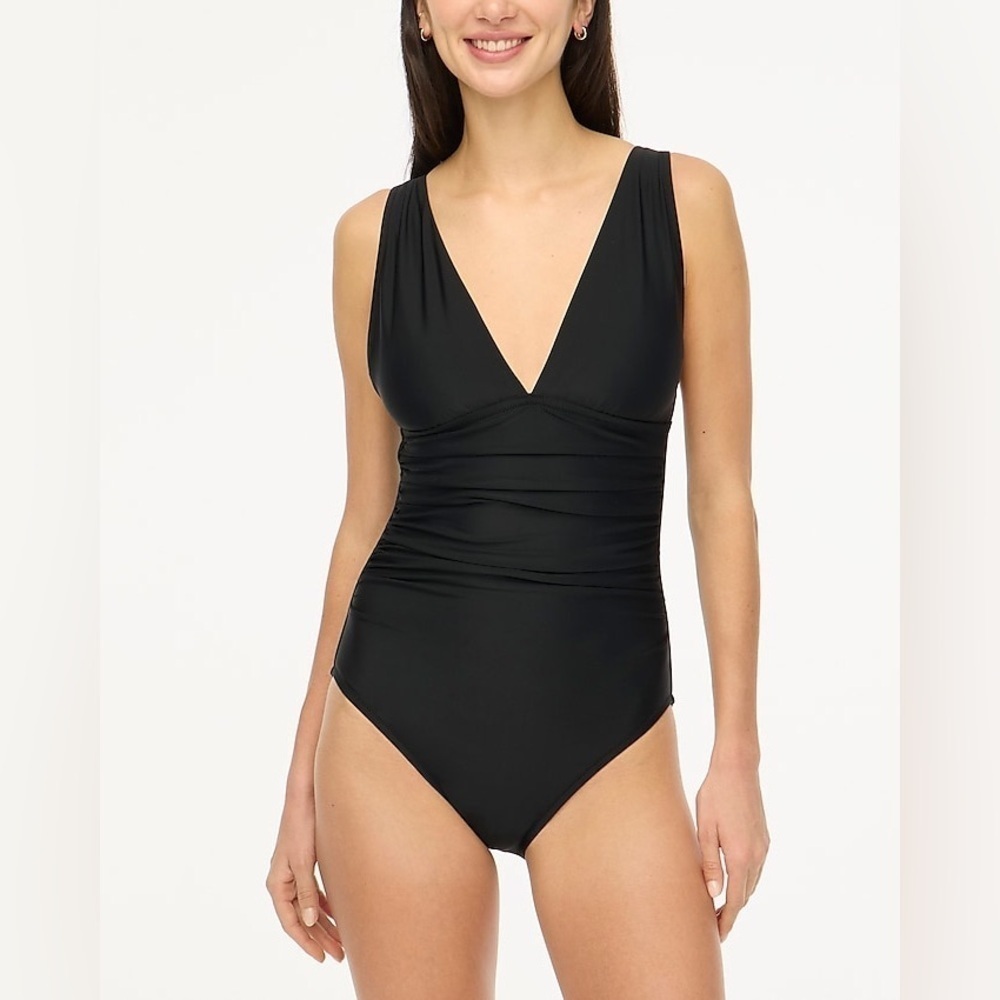 NWT J. Crew Factory Black Ruched Plunge One-Piece Swimsuit, Size Small